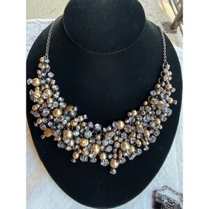 Talbots Statement Bib Necklace chain Gold‎ faux pearls Sparkly gray crystals